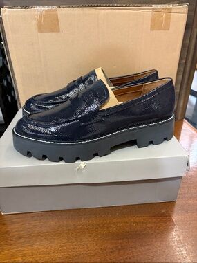 WomensNavy Patent Loafers with Chunky Sole ( box is damaged)